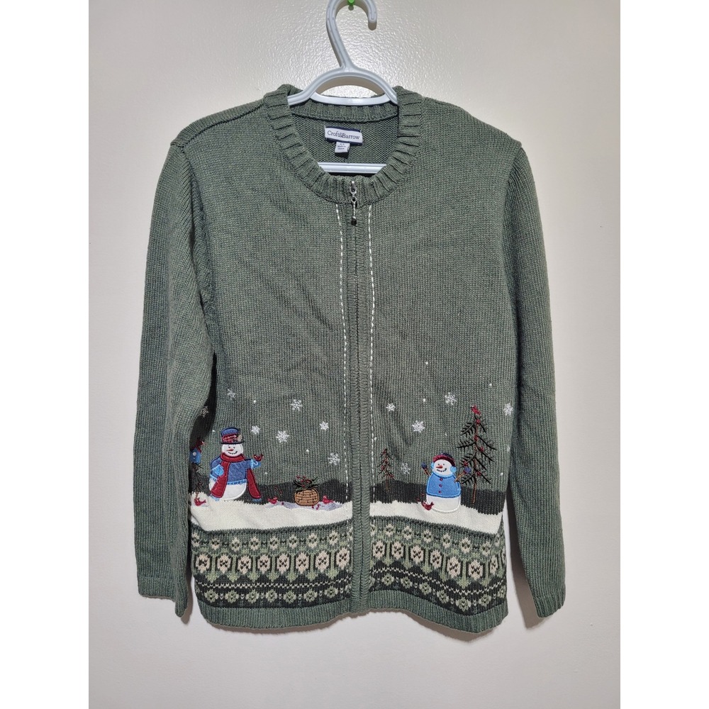 NWT Croft & Barrow‎ Snowman Cardigan Womens XL Green Zip Sweater Winter Holiday